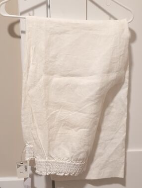 White Linen Elastic Waist Pull-on Pants